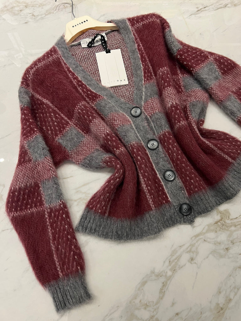 HaveOne•Cardigan pelosetto check grigio bordeaux