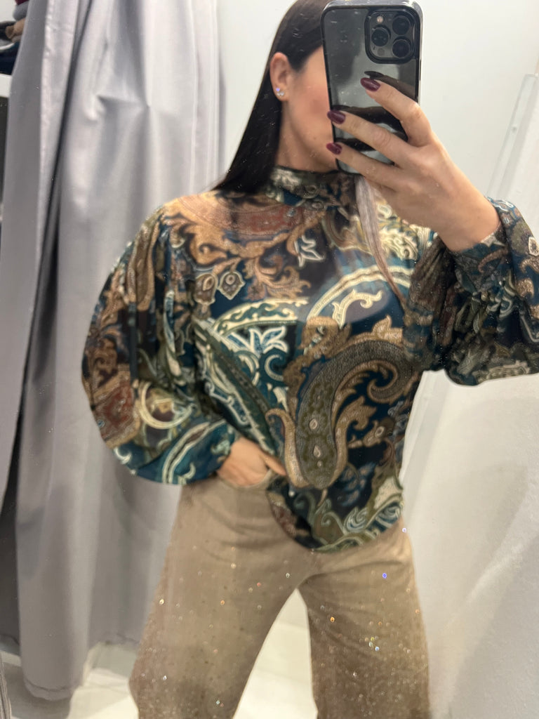 LUMINA•Camicia ampia stampa cashmere verde