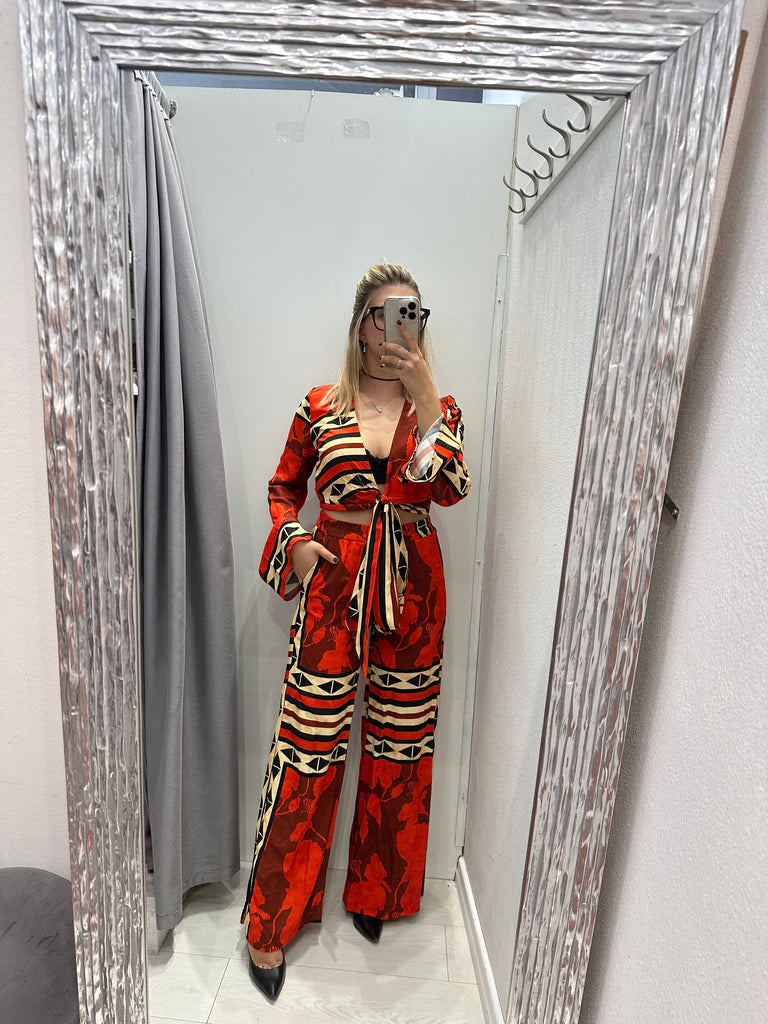 MSS💥HaveOne•Camicia crop nodo stampa etnica rossa