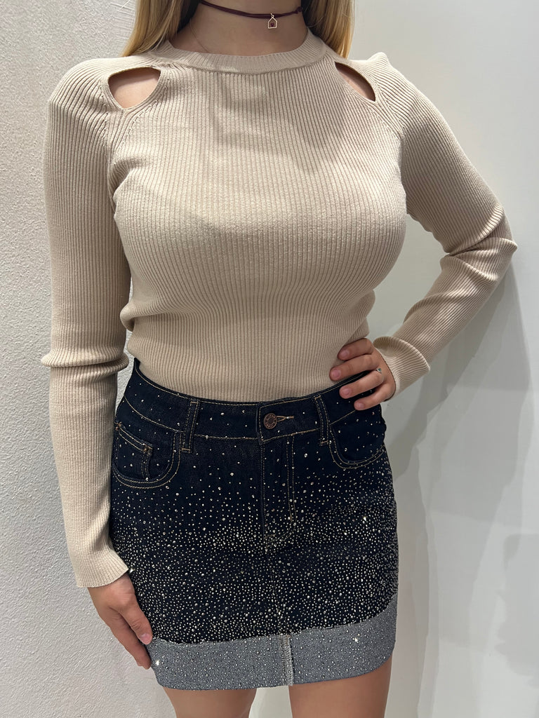 KONTATTO•Gonna jeans con risvolto strass