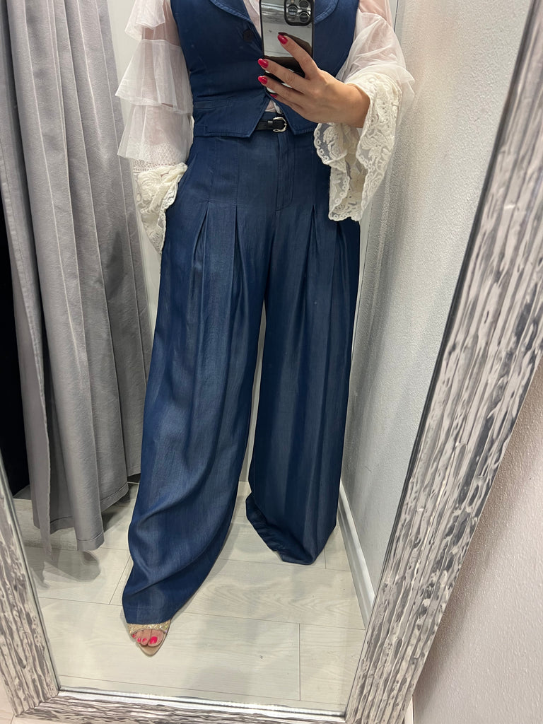 MSS💥IMPERIAL•Pantalone Best palazzo chambray con cinturino