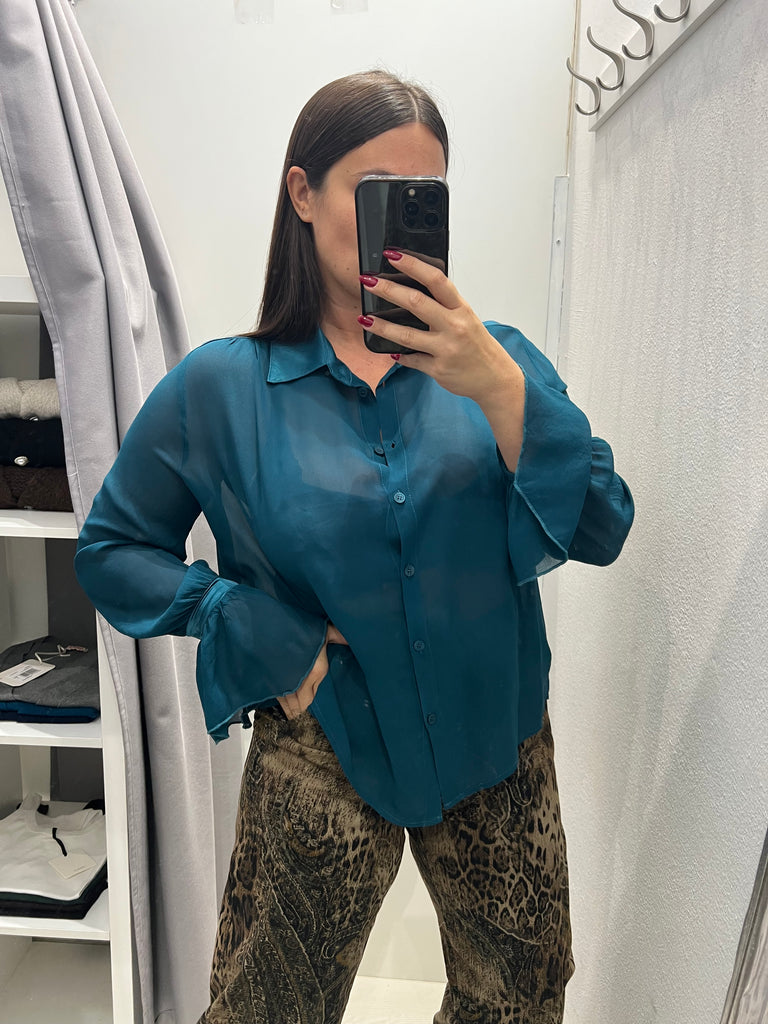 HaveOne•Camicia ottanio velata dettagli raso