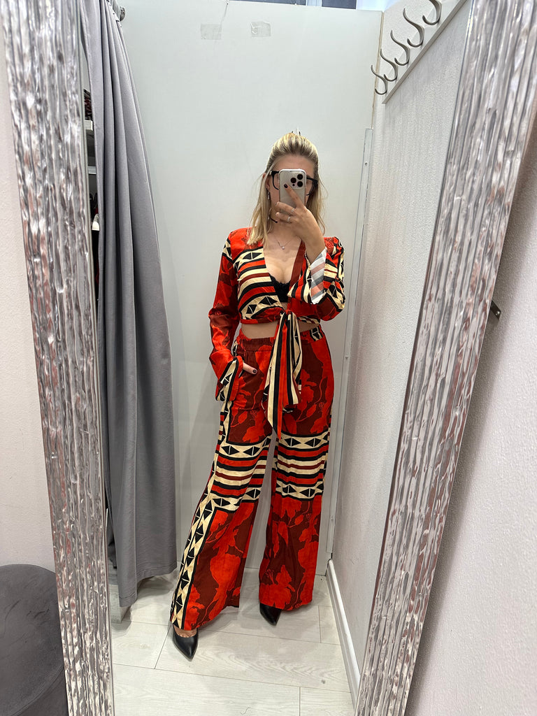 MSS💥HaveOne•Camicia crop nodo stampa etnica rossa