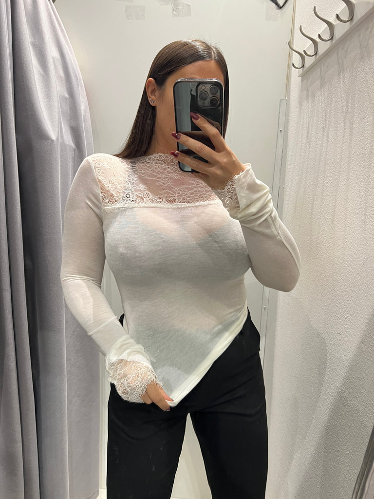 HaveOne•Maglia con pizzo misto cashmere•Burro