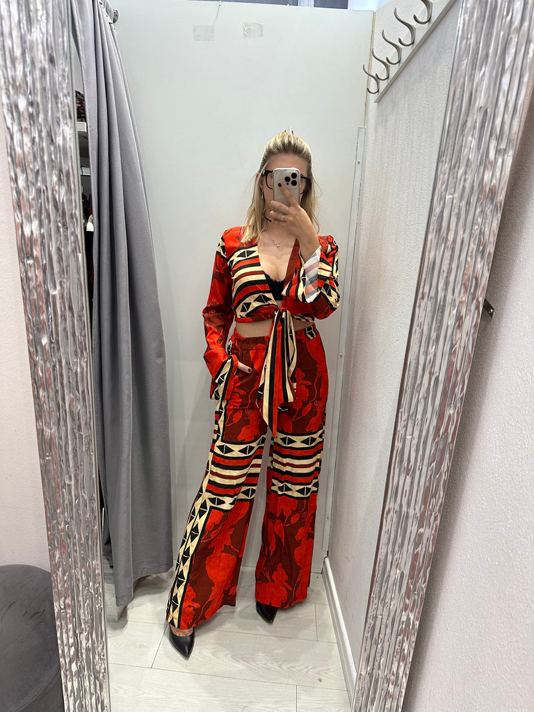 MSS💥HaveOne•Camicia crop nodo stampa etnica rossa