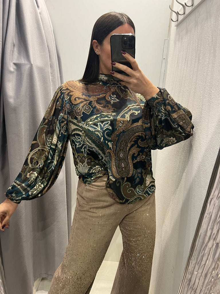 LUMINA•Camicia ampia stampa cashmere verde