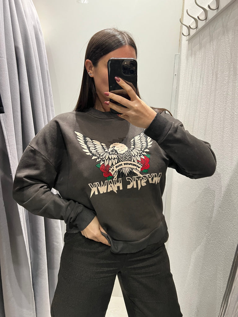 BLK30 HaveOne•Felpa garzata moro stampa aquila Mystic Hawk