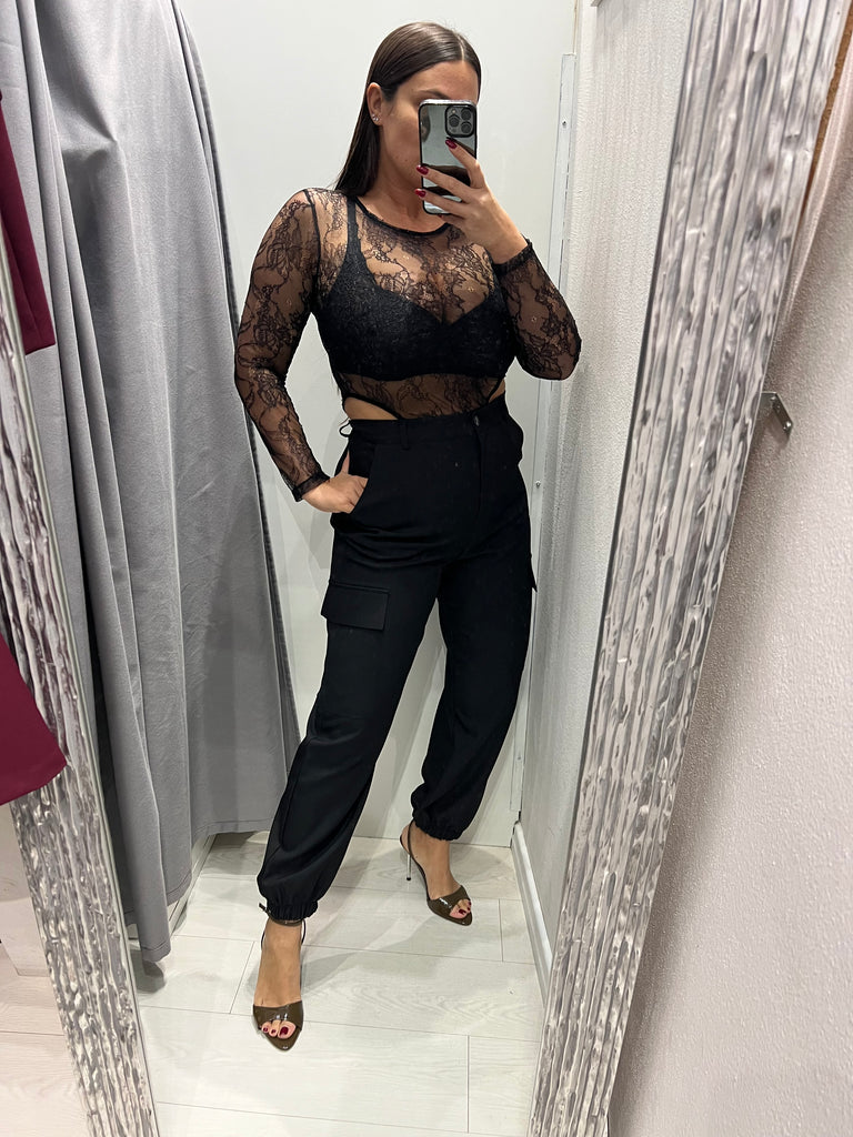 HaveOne•Maglia t-shirt crop+body pizzo