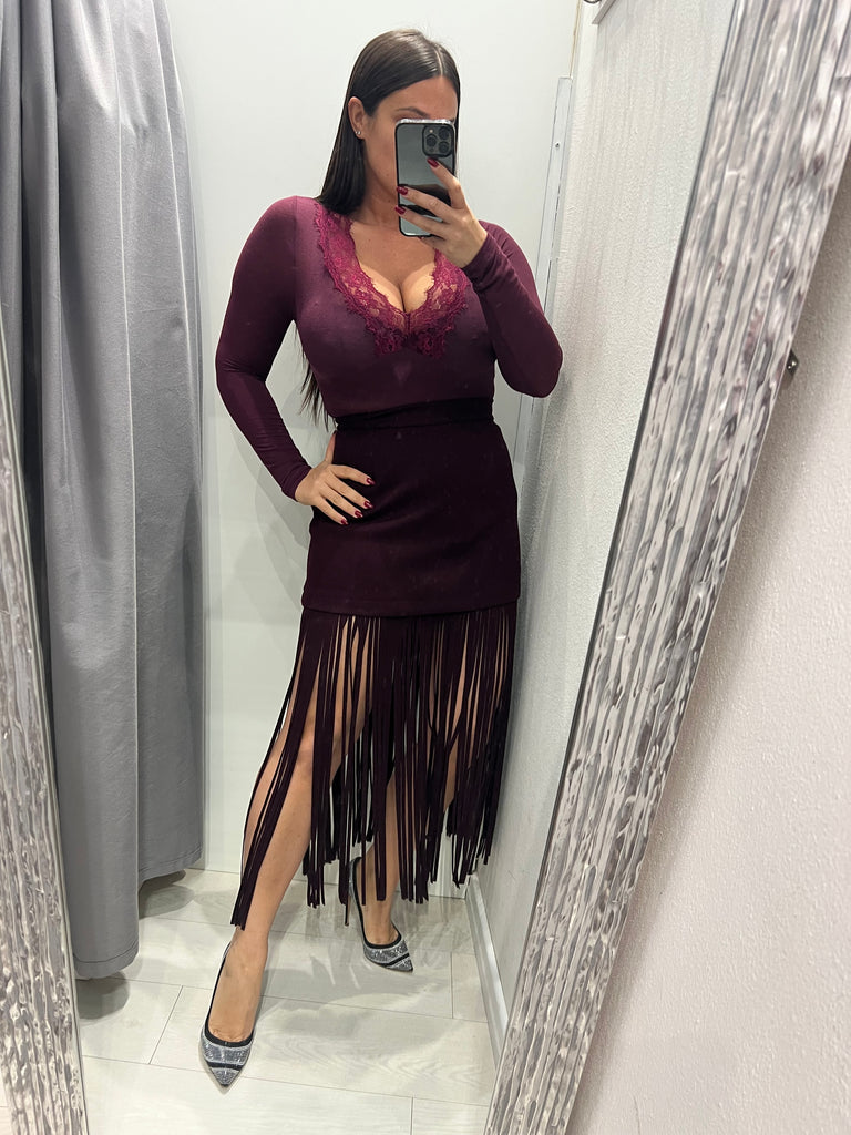 LUMINA•Body bordeaux cashmere touch scollo V pizzo