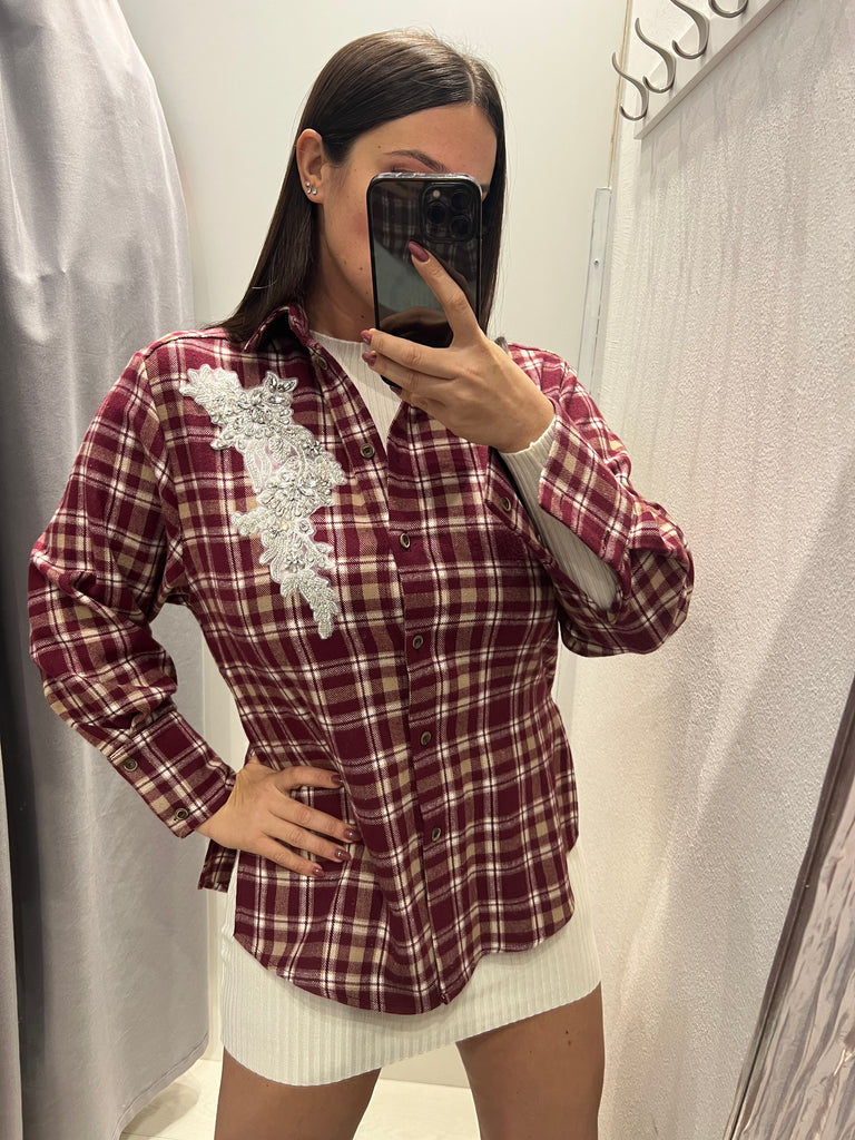 HaveOne•Camicia check in flanella bordeaux cabochon strass