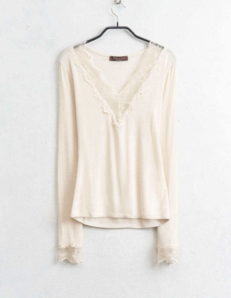 LUMINA•Maglia crema cashmere touch scollo V pizzo