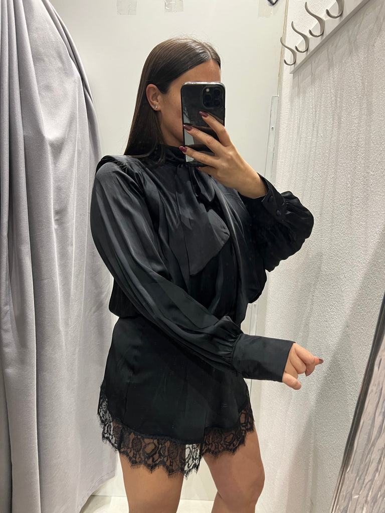 LUMINA•Abitino in raso nero finale pizzo