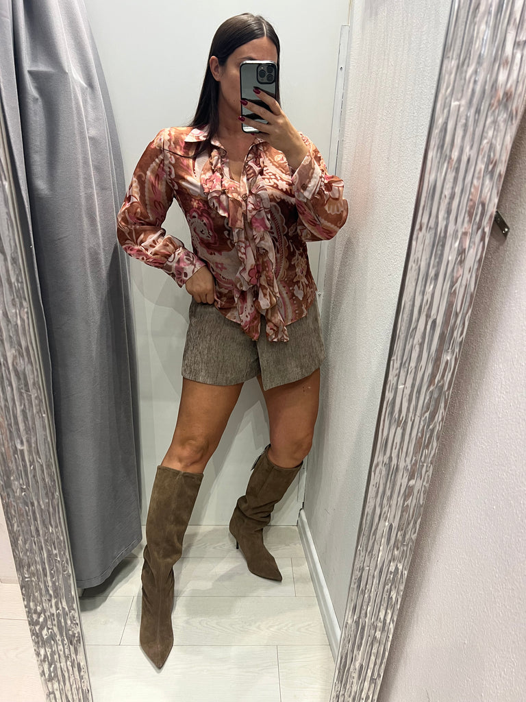 KONTATTO•Camicia rouches fantasia beige/malva