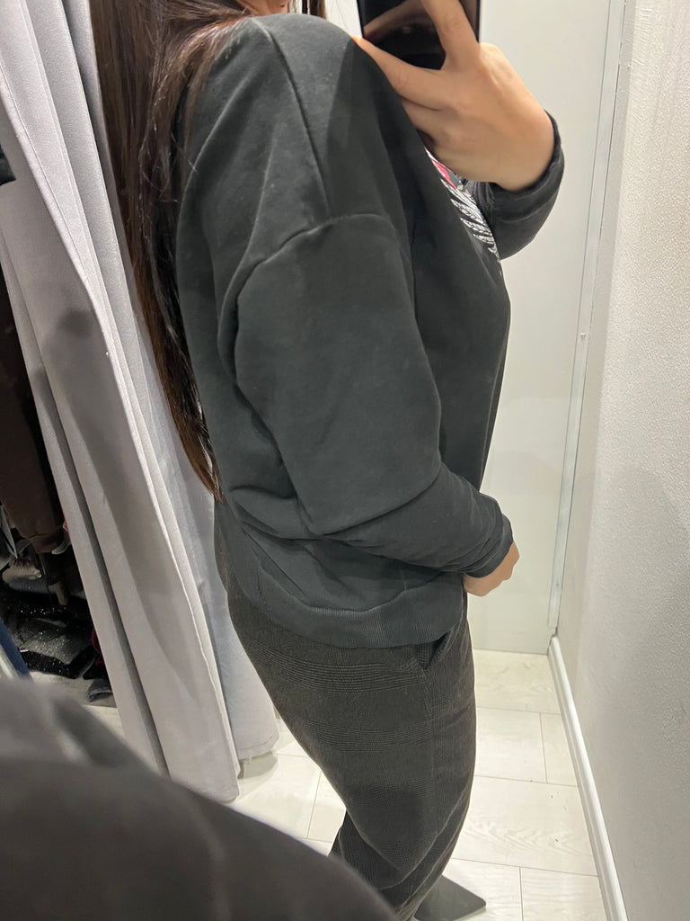 BLK30 HaveOne•Felpa garzata nera stampa leo Rock Roll