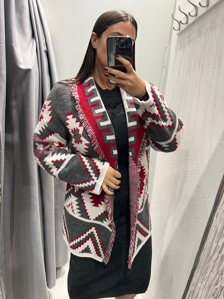 HaveOne•Cardigan fantasia etnica geometrica grigio/ciliegia/panna