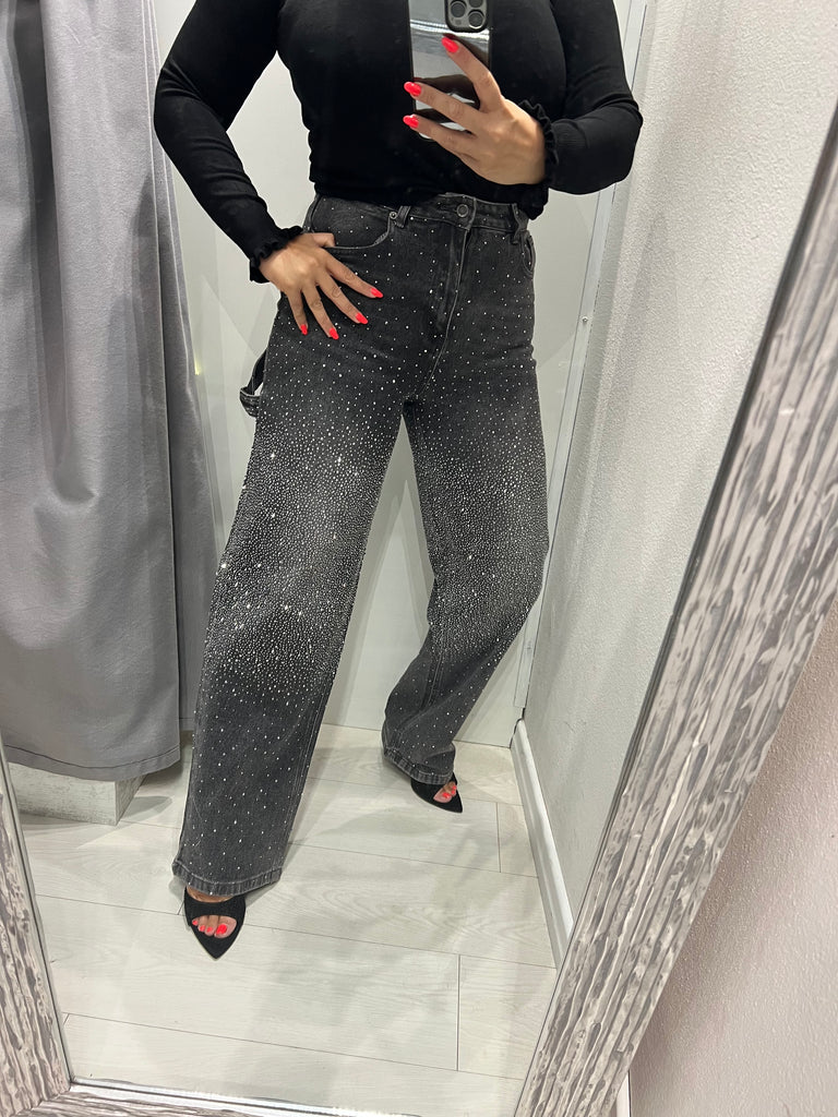 KONTATTO•Jeans worker nero slavato strass