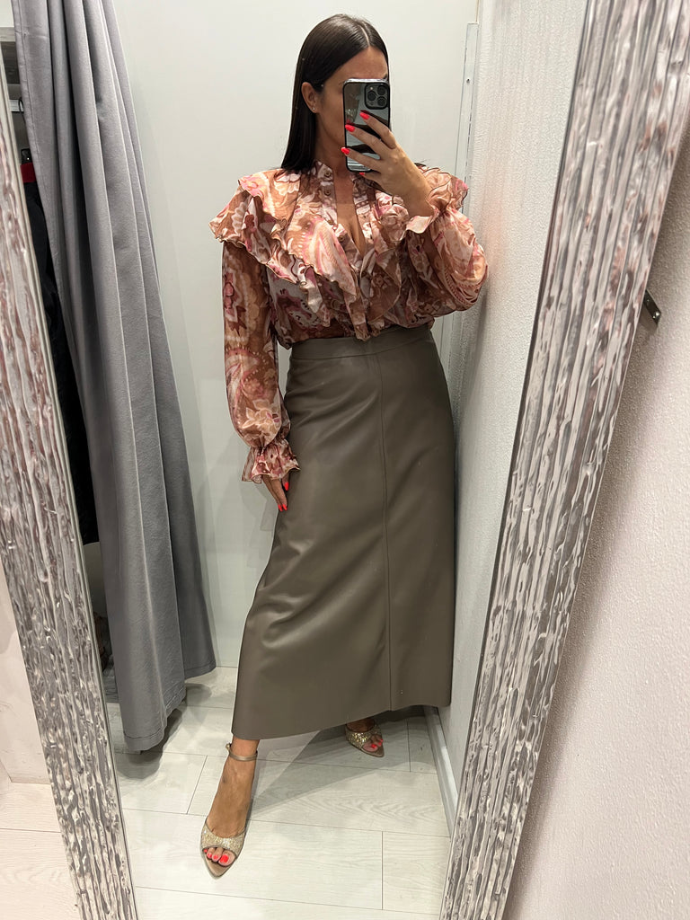 KONTATTO•Camicia rouches fantasia beige/malva