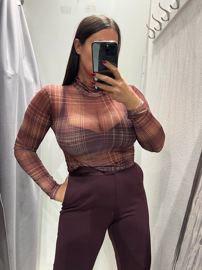 LUMINA•Maglia lupetto check bordeaux/zucca/beige