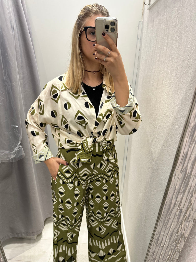 MSS💥HaveOne•Camicia stampa etnica verde olio