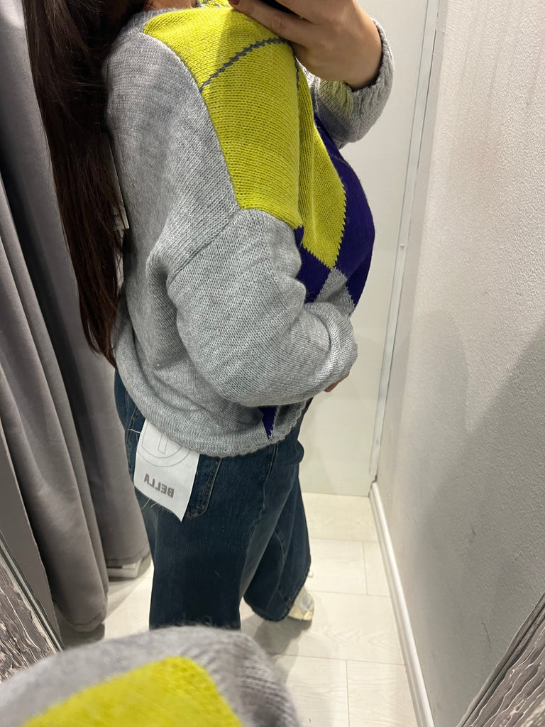 HaveOne•Maglione rombi grigio/viola/lime