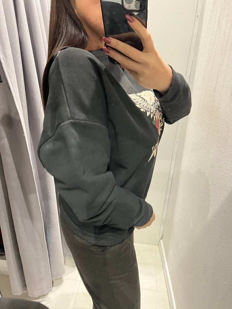 BLK30 HaveOne•Felpa garzata nera stampa aquila Mystic Hawk