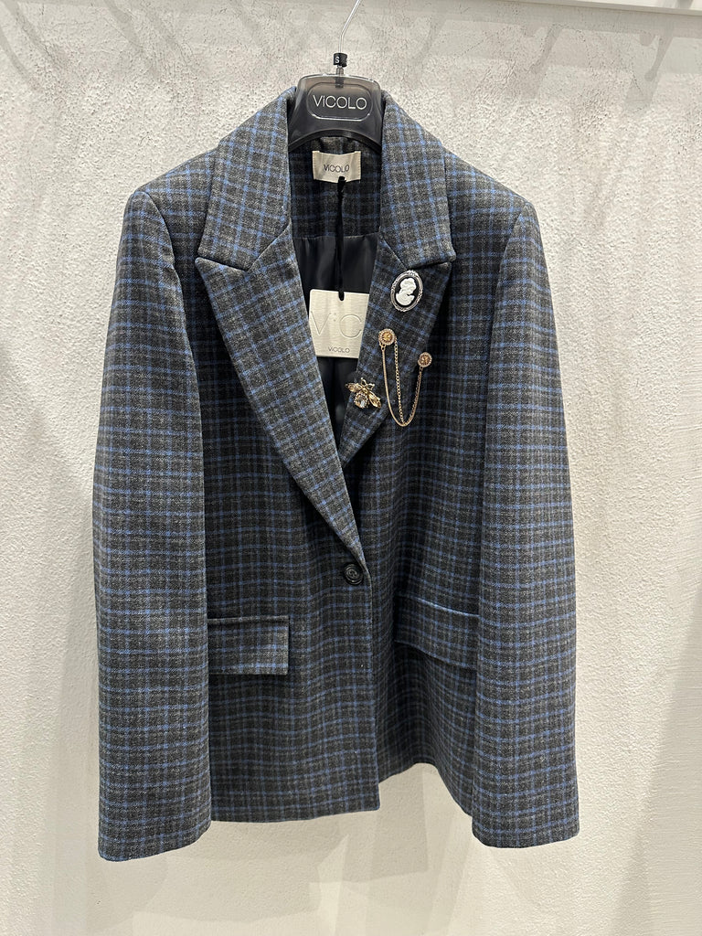 ViCOLO•Giacca con spille check grigia riga blu/azzurra