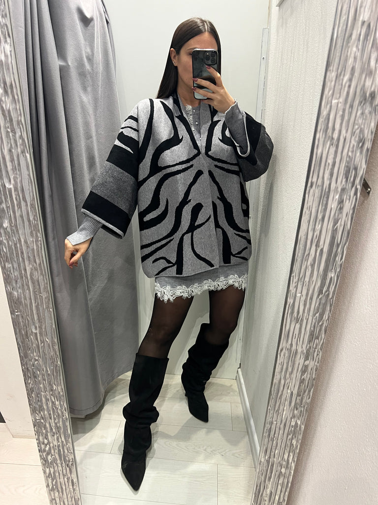 BLK30 Susy Star•Cardigan kimono stampa zebrata grigio/nero