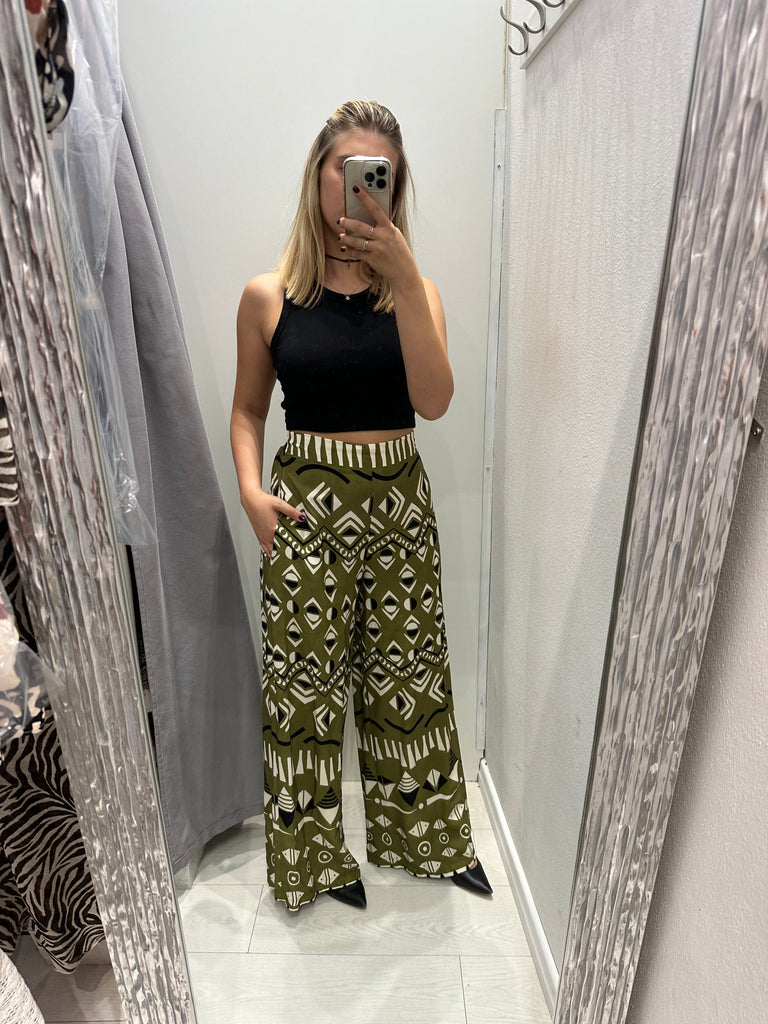 MSS💥HaveOne•Pantalone palazzo stampa etnica verde olio