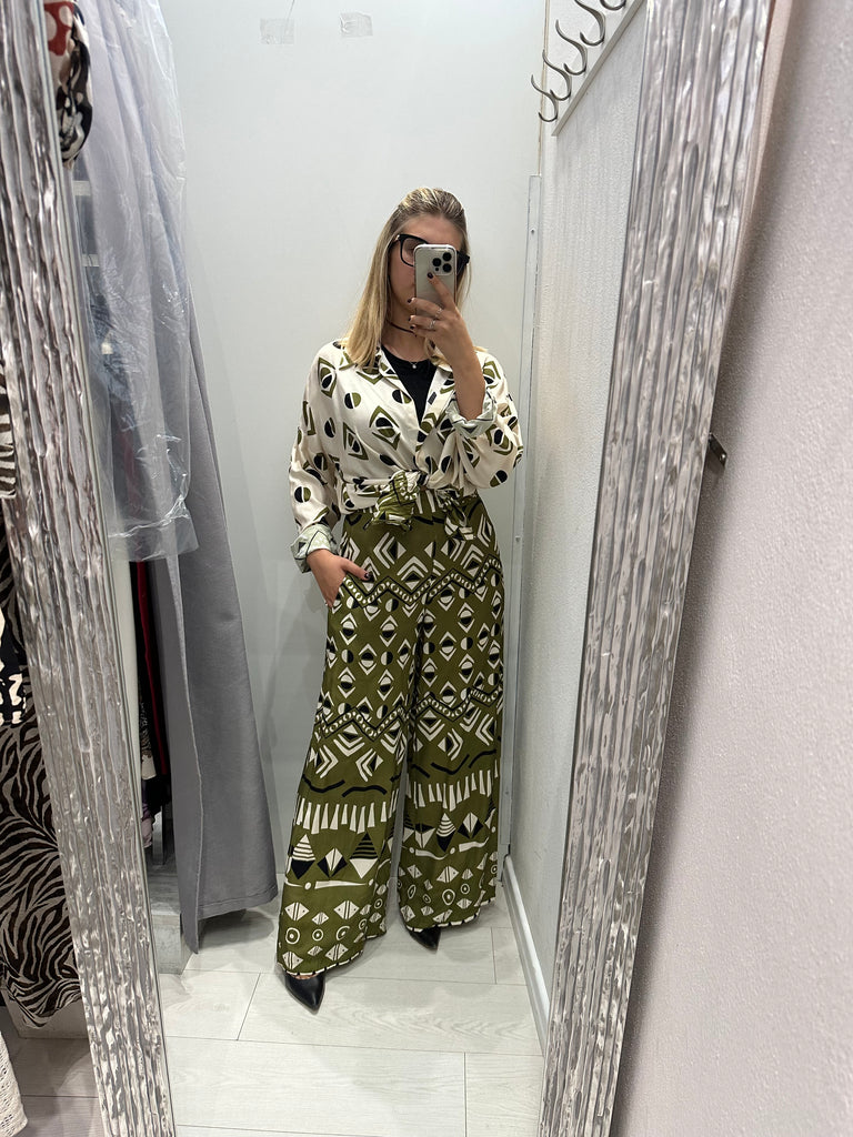 MSS💥HaveOne•Pantalone palazzo stampa etnica verde olio