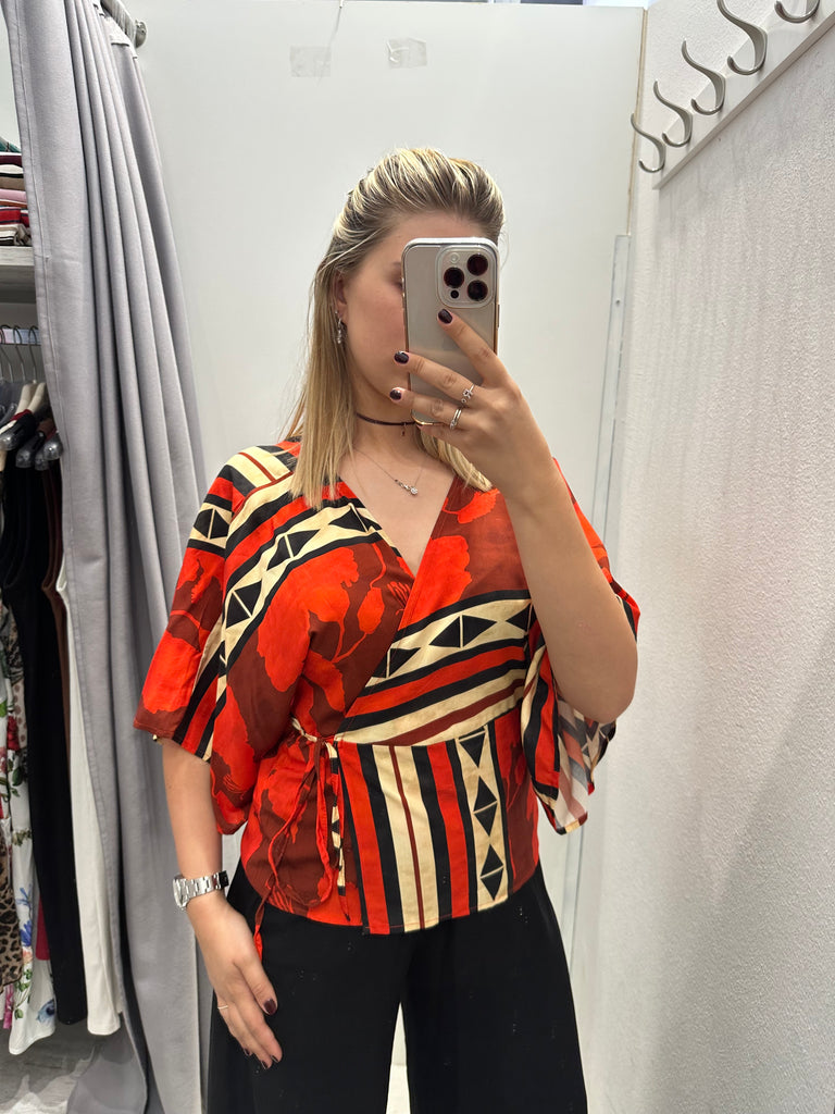 MSS💥HaveOne•Maglia kimono stampa etnica rossa
