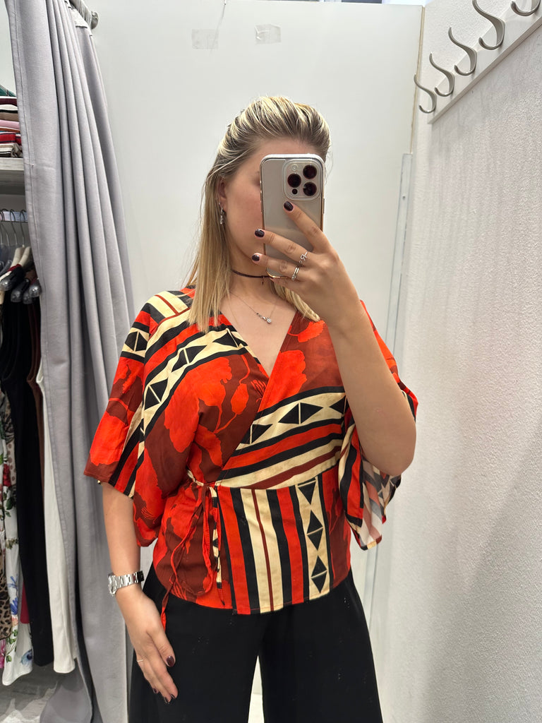 MSS💥HaveOne•Maglia kimono stampa etnica rossa