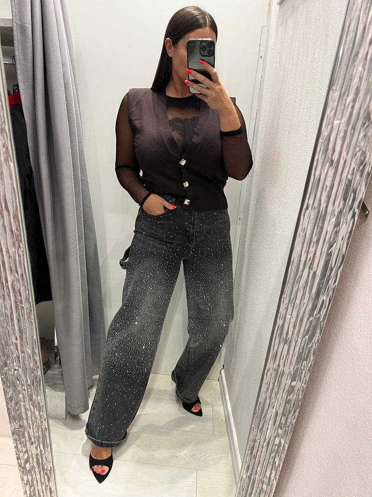 KONTATTO•Jeans worker nero slavato strass