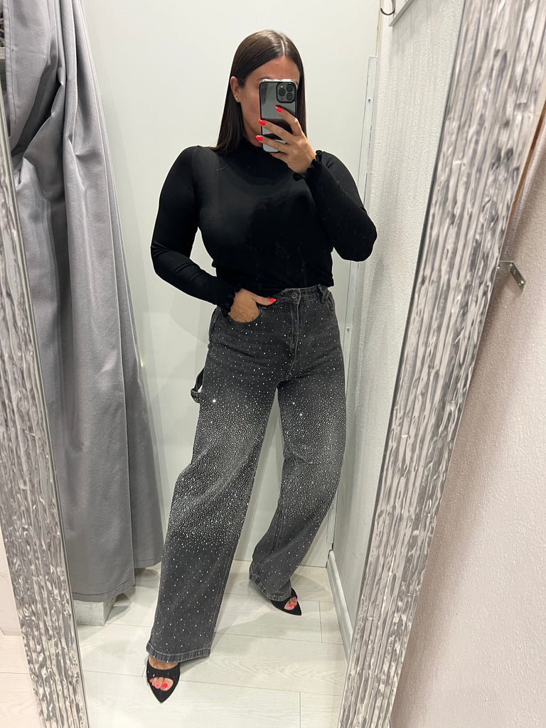 KONTATTO•Jeans worker nero slavato strass