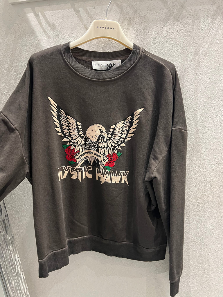 BLK30 HaveOne•Felpa garzata moro stampa aquila Mystic Hawk