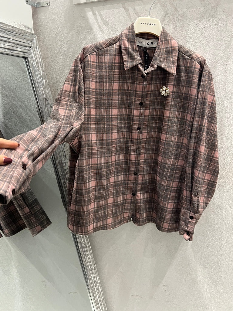 HaveOne•Camicia check grigio/rosa/camel spilla