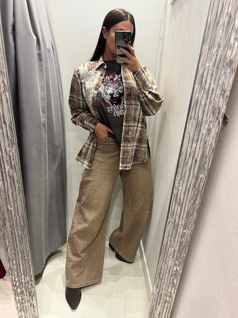 HaveOne•Camicia check in flanella beige/moro cabochon strass