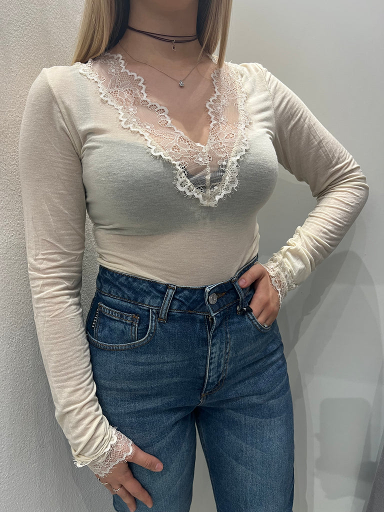 LUMINA•Maglia crema cashmere touch scollo V pizzo