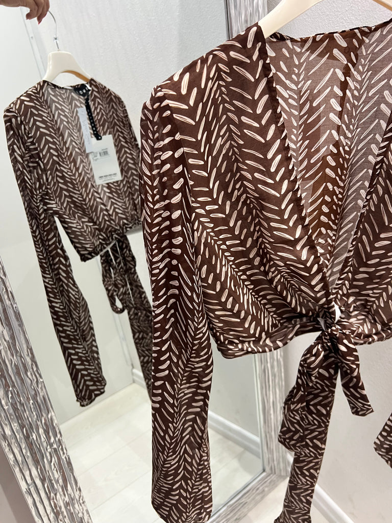 💥MSS💥HaveOne•Camicia crop nodo stampa foglioline