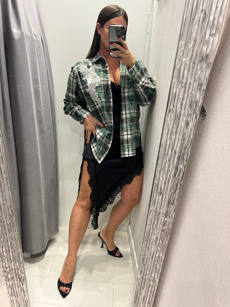 HaveOne•Camicia check in flanella verde cabochon strass