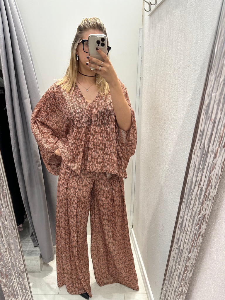 MSS💥HaveOne•Pantalone stampa ventagli moka/blush
