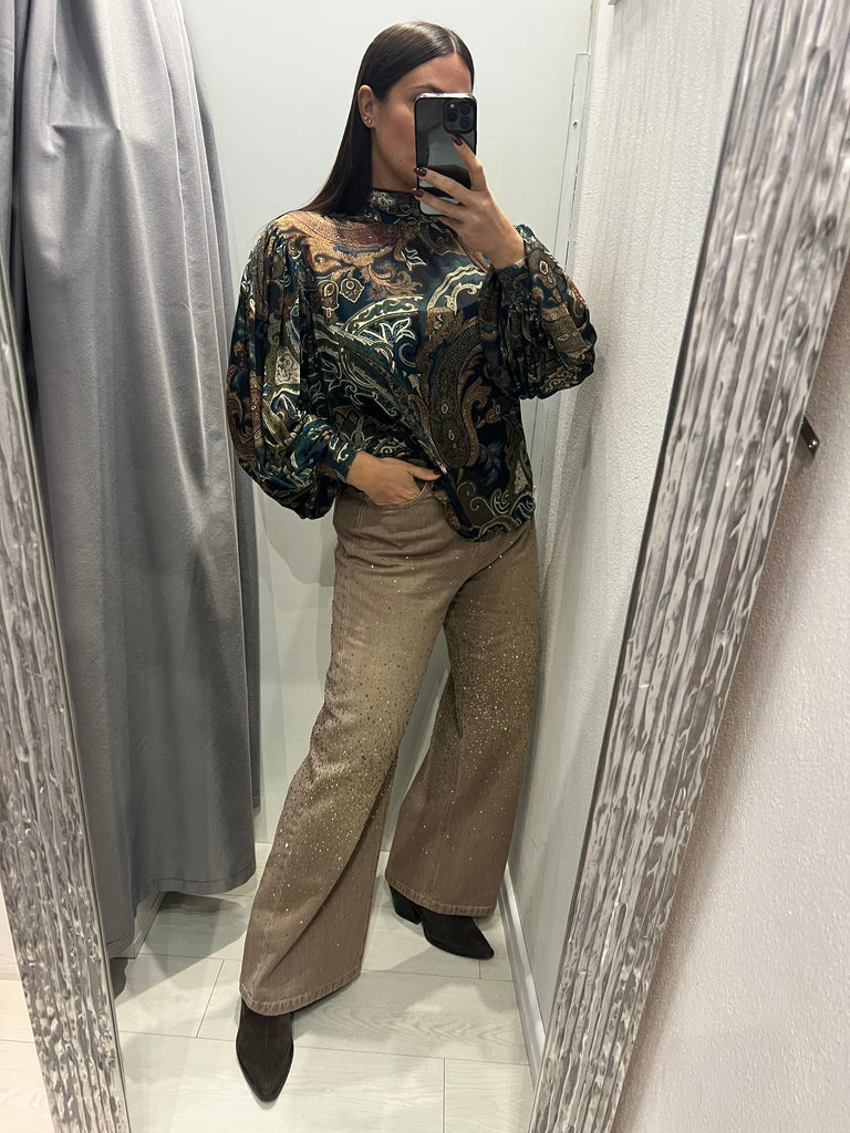 LUMINA•Camicia ampia stampa cashmere verde