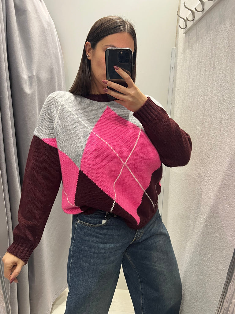 HaveOne•Maglione rombi bordeaux/fuxia fluo/grigio