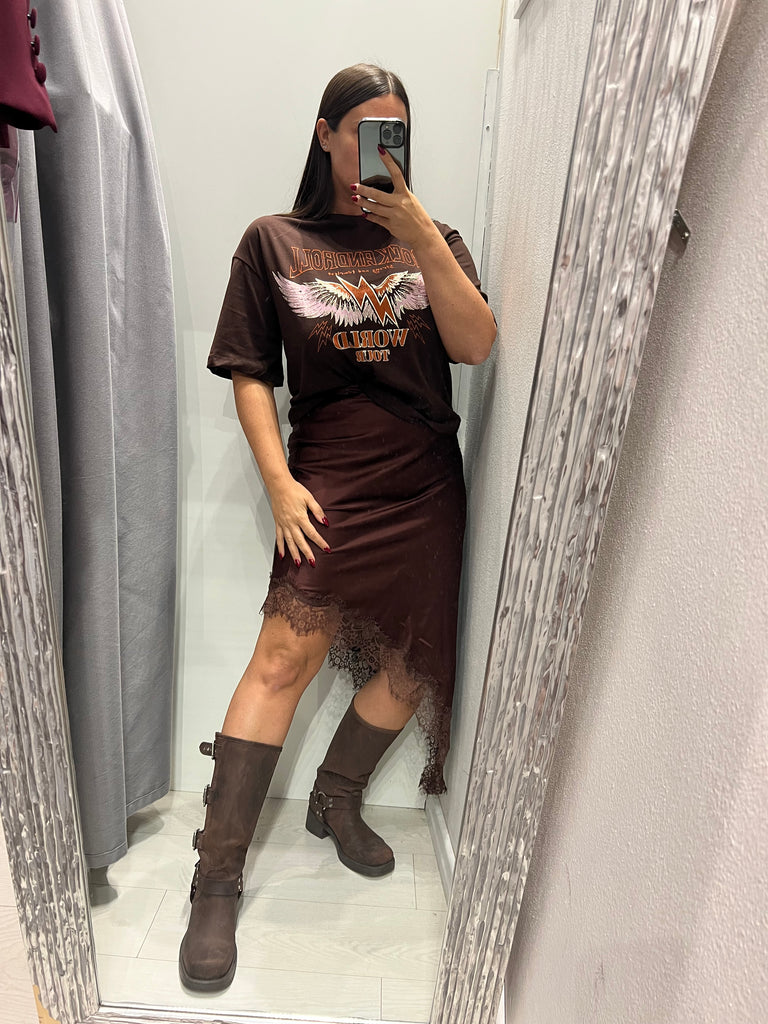LUMINA•Gonna raso midi asimmetrica con pizzo•Moro
