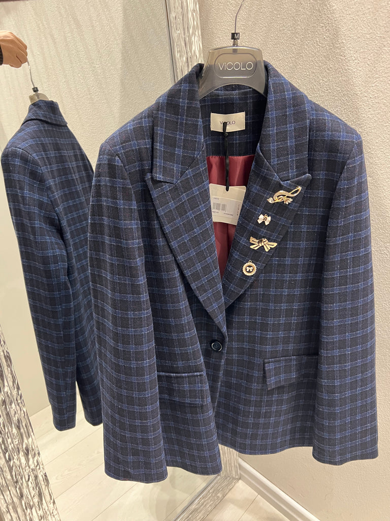 ViCOLO•Giacca con spille check blu notte