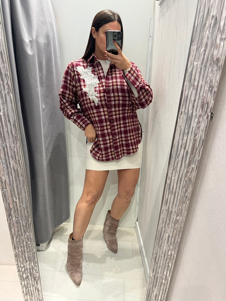 HaveOne•Camicia check in flanella bordeaux cabochon strass