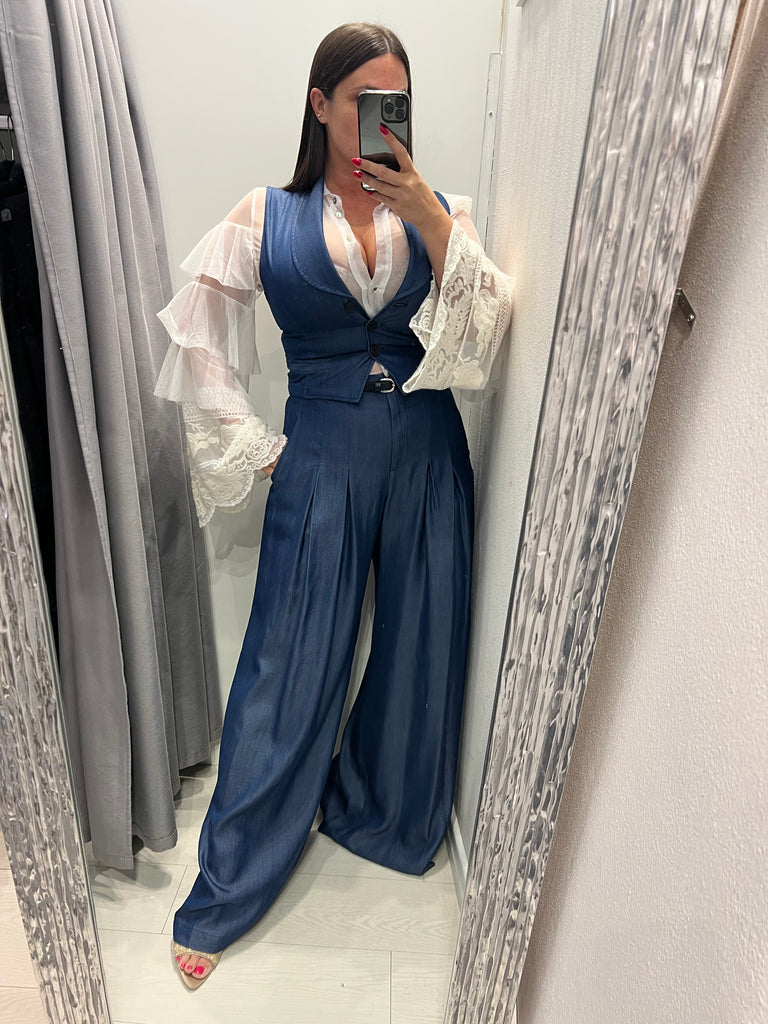 MSS💥IMPERIAL•Pantalone Best palazzo chambray con cinturino