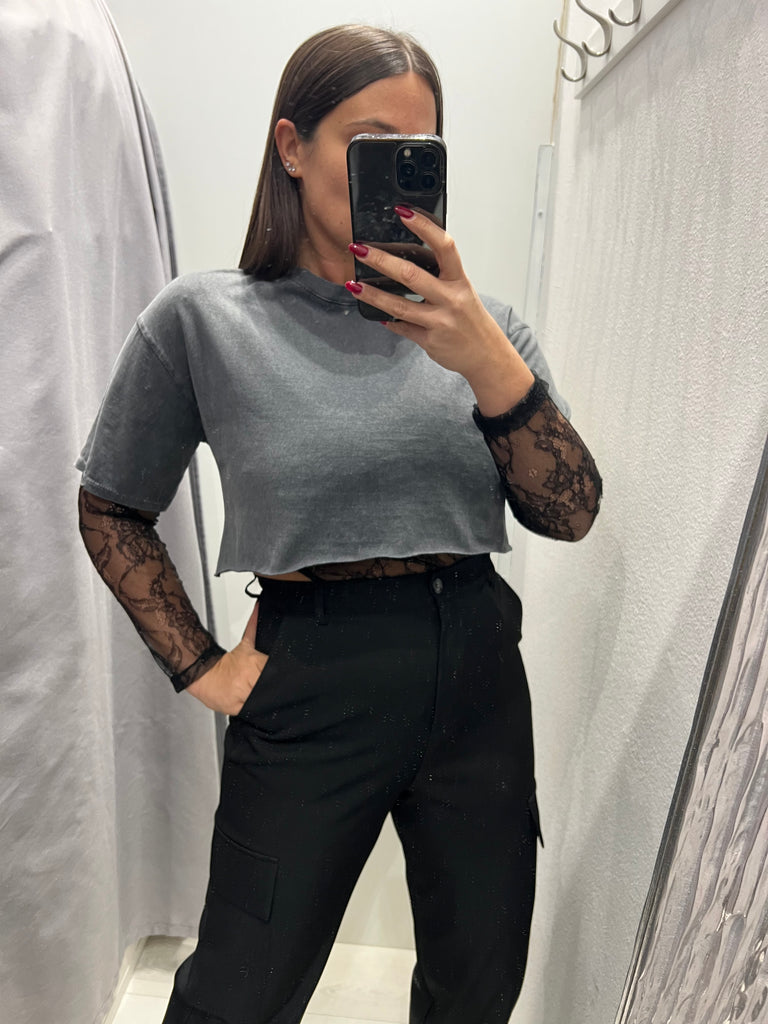 HaveOne•Maglia t-shirt crop+body pizzo