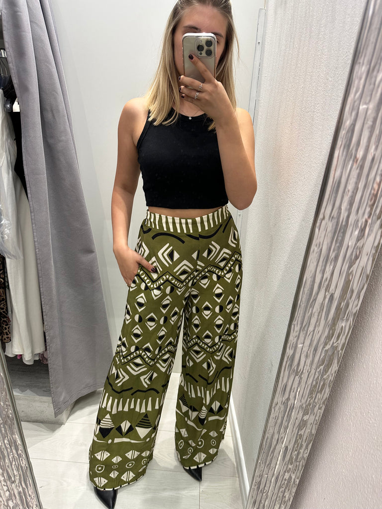 MSS💥HaveOne•Pantalone palazzo stampa etnica verde olio