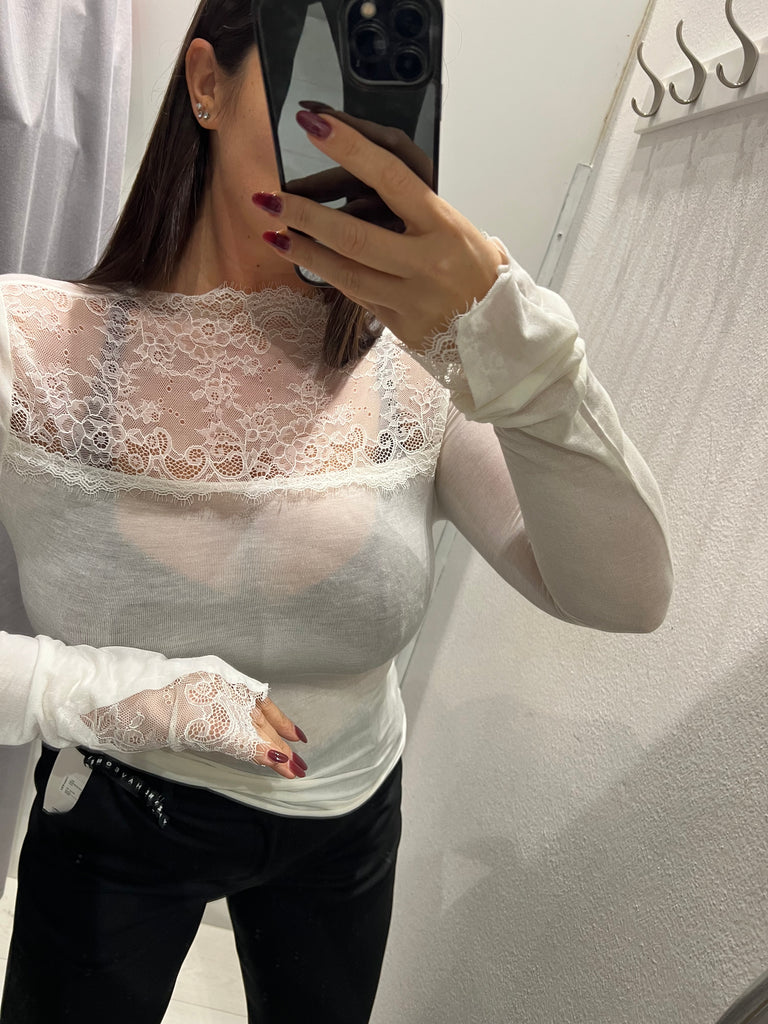 HaveOne•Maglia con pizzo misto cashmere•Burro