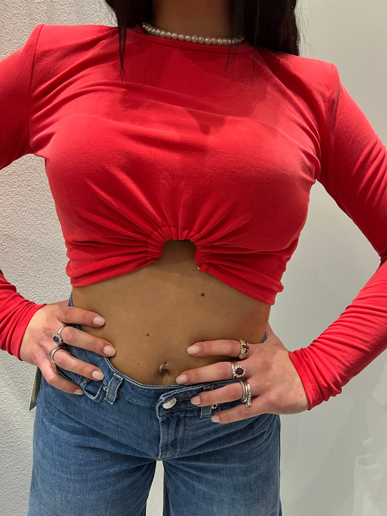 HaveOne•Maglia crop rosso corallo con anello piercing